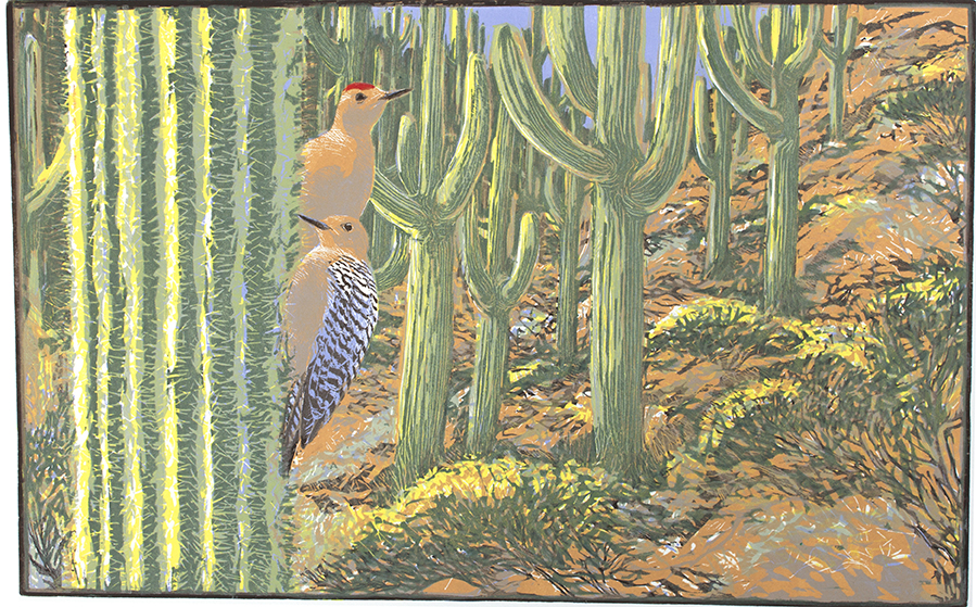 Among the Saguaros.  Relief print, 76cm x 42cm