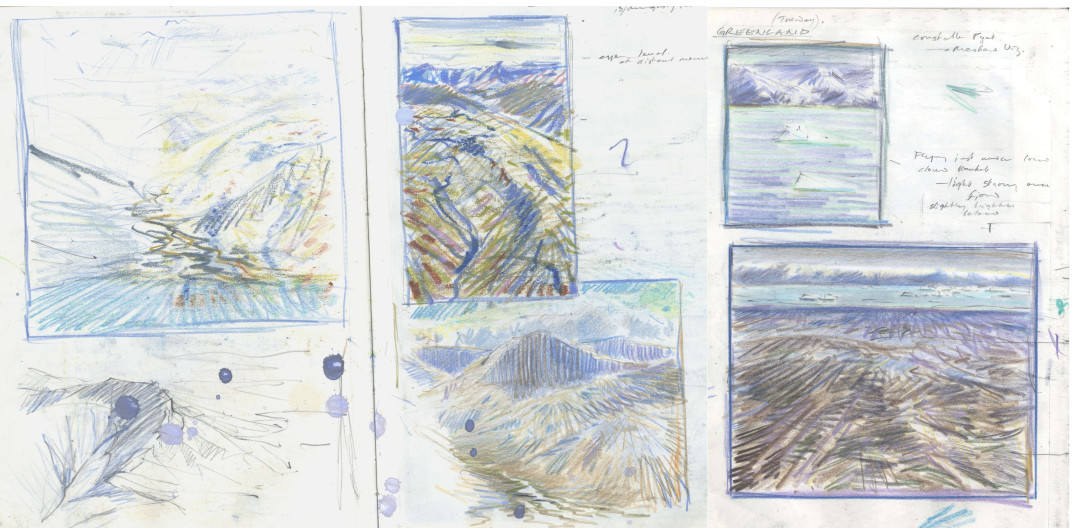 (Above) Some of the sketchbook pages from the flight along the coast using a mix of graphite, coloured pencils and hard oil pastels to fix impressions of the changing landscape below.
