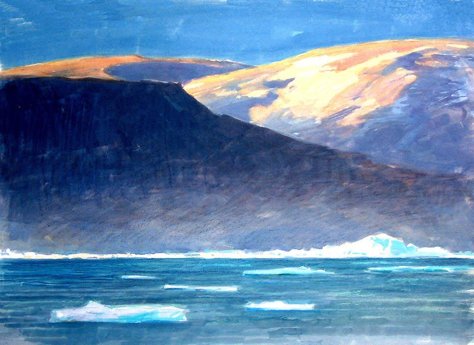 Evening light across the fjord at Mesters Vig, NE Greenland.  (Watercolour sketch, 1989)