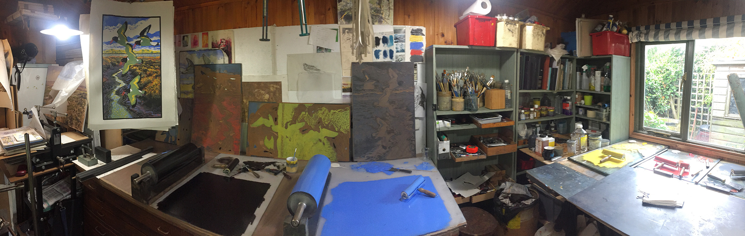 The studio on day when editioning a multi-block relief print.